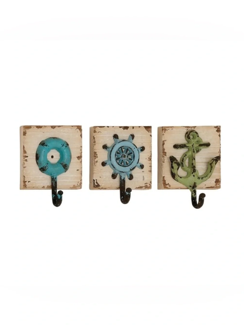( New ) Nautical 5”x7”Iron and Wood Wall Hooks Set - Sea Wheel, Anchor & Lifebuo